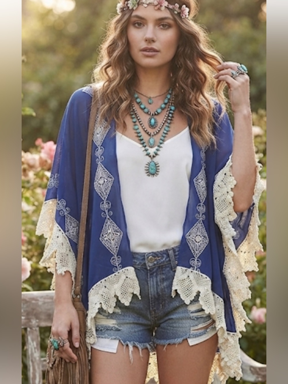 Pins and Needles Blue Lace Trim Kimono Boho Festival Medium